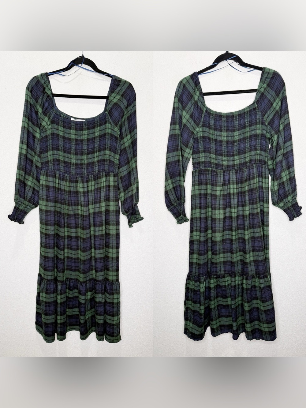 Lucky Brand Midi Dress Smocked Waist Ruffled Seaborne Plaid